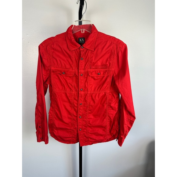 Armani Exchange Red Button Shirt M AX Designer Long Sleeve Utility Y2K Street - Picture 1 of 6